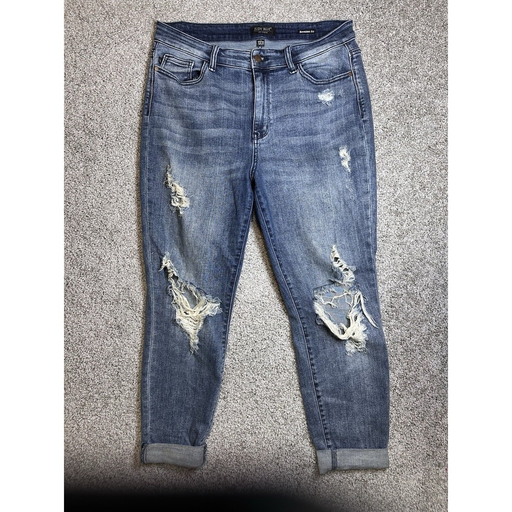 Judy Blue Boyfriend Fit Jeans Size 13/31 Distressed Cuffed Stretch Denim Blue